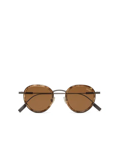 ZEGNA LUNETTES DE SOLEIL EN TITANE ET ACÉTATE MARRON HAVANE