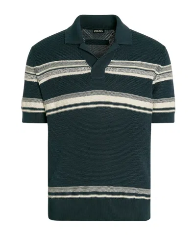 Zegna Striped Knitted Polo Shirt In Green