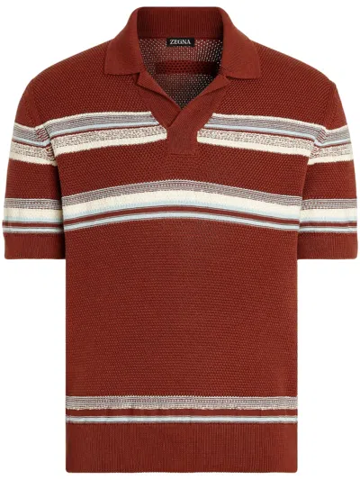 Zegna Brick Red Light Blue And White Cotton And Silk Polo Shirt