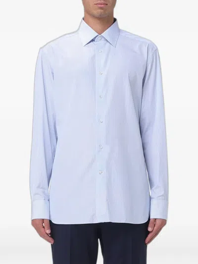 Zegna Cotton-blend Poplin Shirt In Blue
