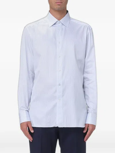 Zegna Striped Poplin Shirt In Blue