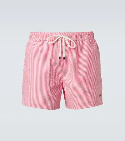 Zegna Striped Seersucker Swim Trunks In Pink