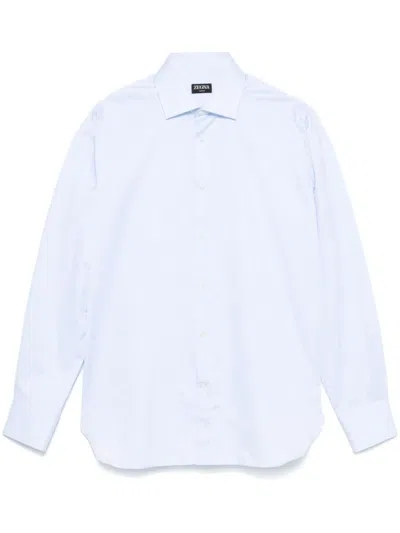 Zegna Utility Blue And White Micro-striped Centoventimila Cotton Shirt In Utility Blue White