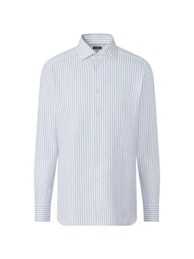 Zegna Dark Indigo Blue And White Striped Cotton Linen And Silk Shirt In Multi