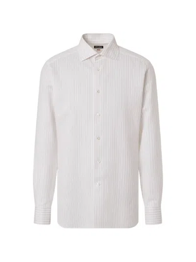Zegna Light Taupe And White Striped Cotton Linen And Silk Shirt