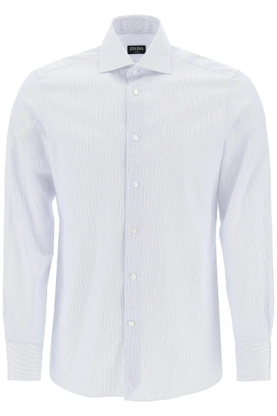 Zegna Striped Shirt With French Collar In Light Blue