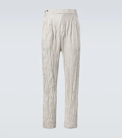 Zegna Striped Silk Straight Pants In White