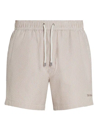 Zegna Striped Swim Trunks In Neutral