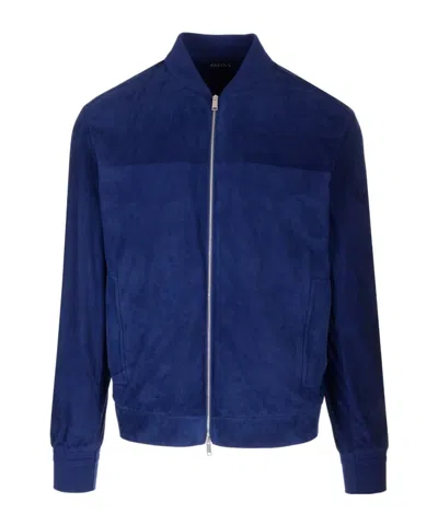 Zegna Suede Bomber Jacket In Blue
