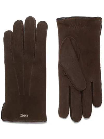 Zegna Suede Gloves In Dark Brown