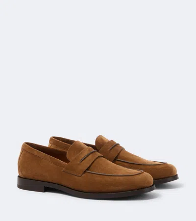 Zegna Suede Penny Loafers In Brown