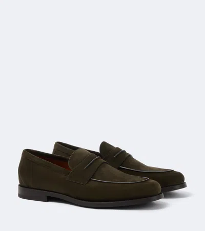 Zegna Dark Olive Green Suede Mocassin Corso Loafers