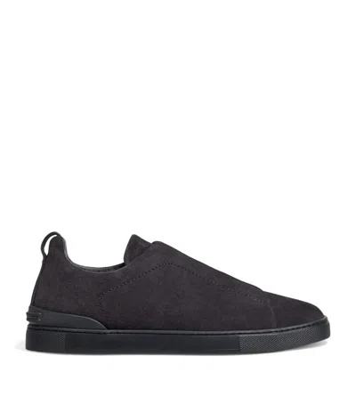 Zegna Suede Triple Stitch Sneakers In Navy