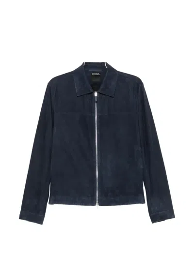 Zegna Suede Zip-up Jacket In Blue