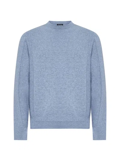 Zegna Ribbed-knit Crew Neck Sweater In T07 Teal Blue Solid