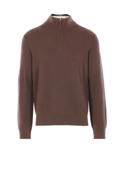 Zegna Long-sleeved Half-zip Sweater In Brown