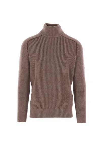 Zegna Ribbed Turtleneck Sweater In Brown