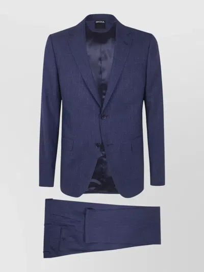 Zegna Tailoring Suit Flat Front Trousers Notch Lapel In Blue