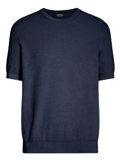 Zegna Textured Cotton Crewneck T-shirt In Blue