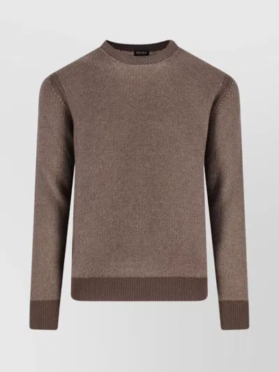 Zegna Textured Knit Long Sleeve Crew Sweater In Brown