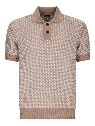 Zegna Textured-knit Polo Shirt In Brown