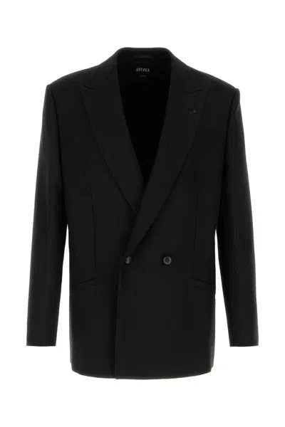 Zegna Textured Wool Blend Blazer For Men In Black