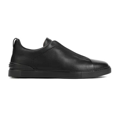 Zegna Triple Stitch Black Deer Leather Sneakers