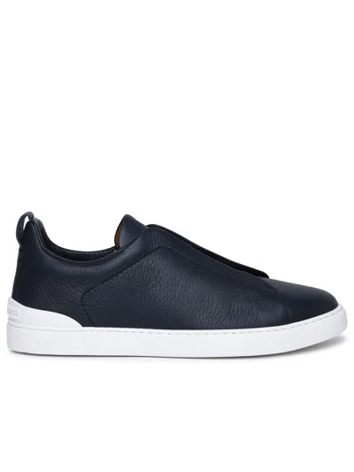 Zegna Triple Stitch Blue Leather Sneakers