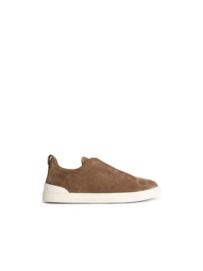 ZEGNA ZEGNA 'TRIPLE STITCH' BROWN LEATHER SNEAKERS