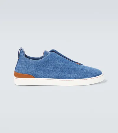 Zegna Triple Stitch Denim Sneakers In Blue