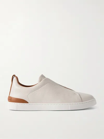 Zegna White Leather Triple Stitch Sneakers In Animal Print