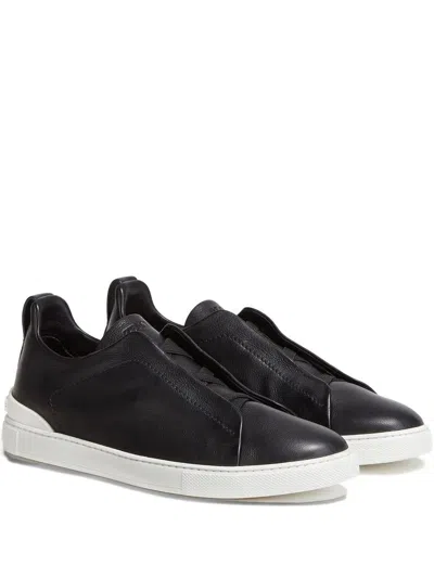 Zegna Triple Stitch Leather Sneakers In Black