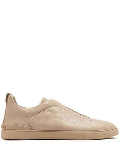 Zegna Triple Stitch Leather Sneakers In Beige