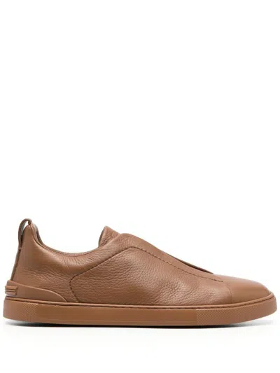 Zegna Ll Triple Stitch Low-top Sneakers In Brown