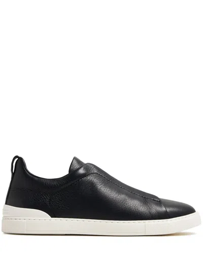 Zegna Secondskin Triple Stitch Leather Sneakers In Black