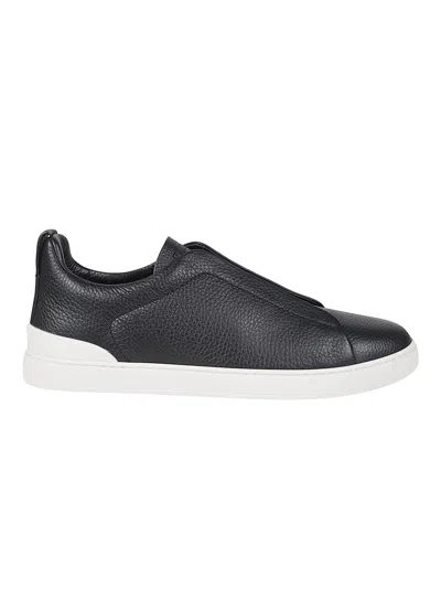 Zegna Triple Stitch Low-top Rubber Sole Bovine Leather Sneakers In Black