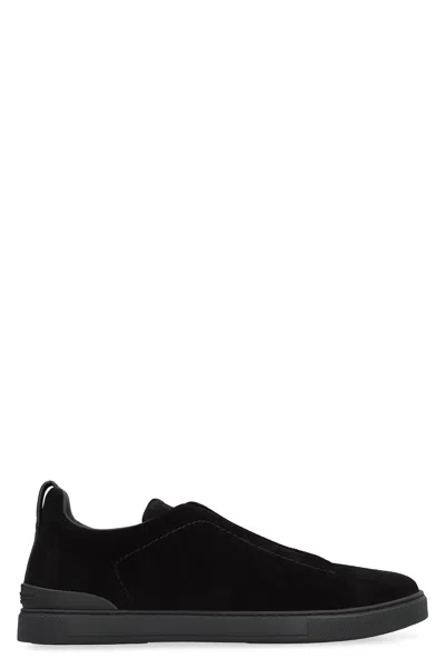 Zegna Black Suede Triple Stitch Sneakers