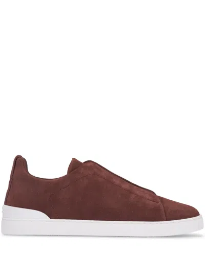 Zegna Triple Stitch Slip-on Suede Sneakers In Brown