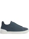 Zegna Baskets Triple Stitch En Coton, Lin Et Cuir Bleu Sarcelle Foncé In Dark Teal Blue