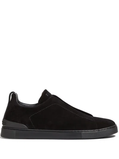 Zegna Black Suede Triple Stitch Sneakers
