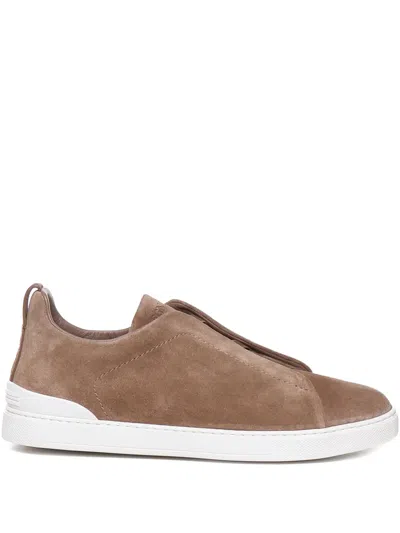 Zegna Neutral Triple Stitch Suede Sneakers In Neutrals