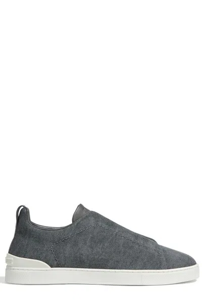 Zegna Men's Triple Stitch Canvas Slip-on Sneakers In Blue