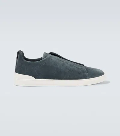 Zegna Triple Stitch Suede Sneakers In Navy Blue