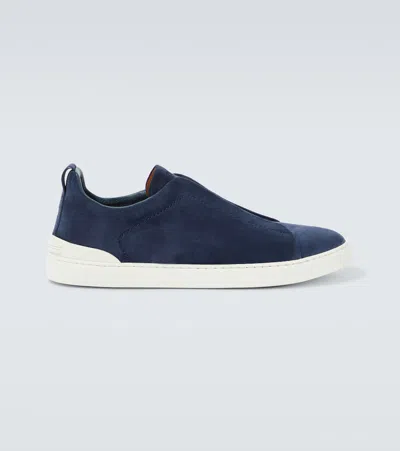 Zegna Baskets Triple Stitch En Veau Velours Bleu Workwear In Utility Blue