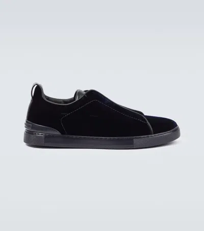 Zegna Triple Stitch Suede-trimmed Sneakers In Blue