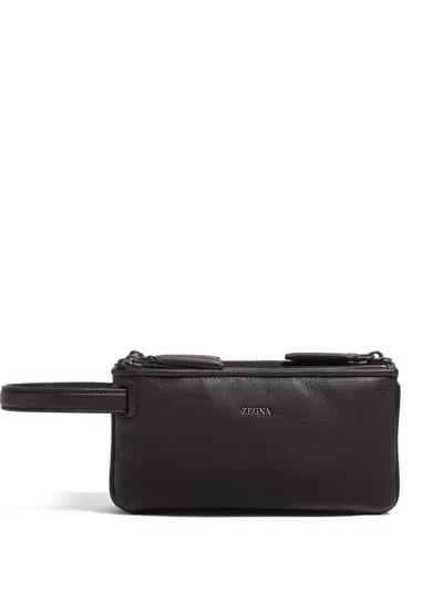 Zegna Triple Zip Pouch In Brown