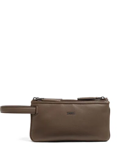 Zegna Triple Zip Pouch In Brown