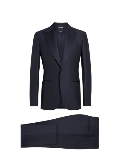 Zegna Single-breasted Peak-lapel Suit In Navy