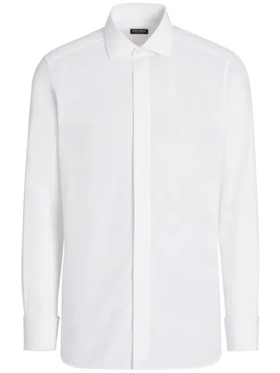 Zegna Button-down Collar Brushed Cotton-twill Shirt In White