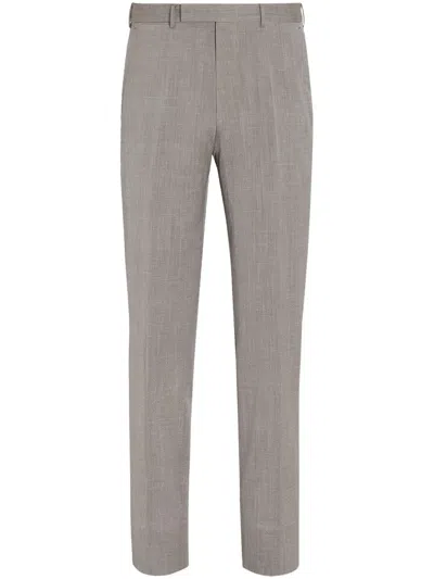 Zegna Taupe Trofeo Seersucker Wool Silk And Linen Blend Pants In Gray